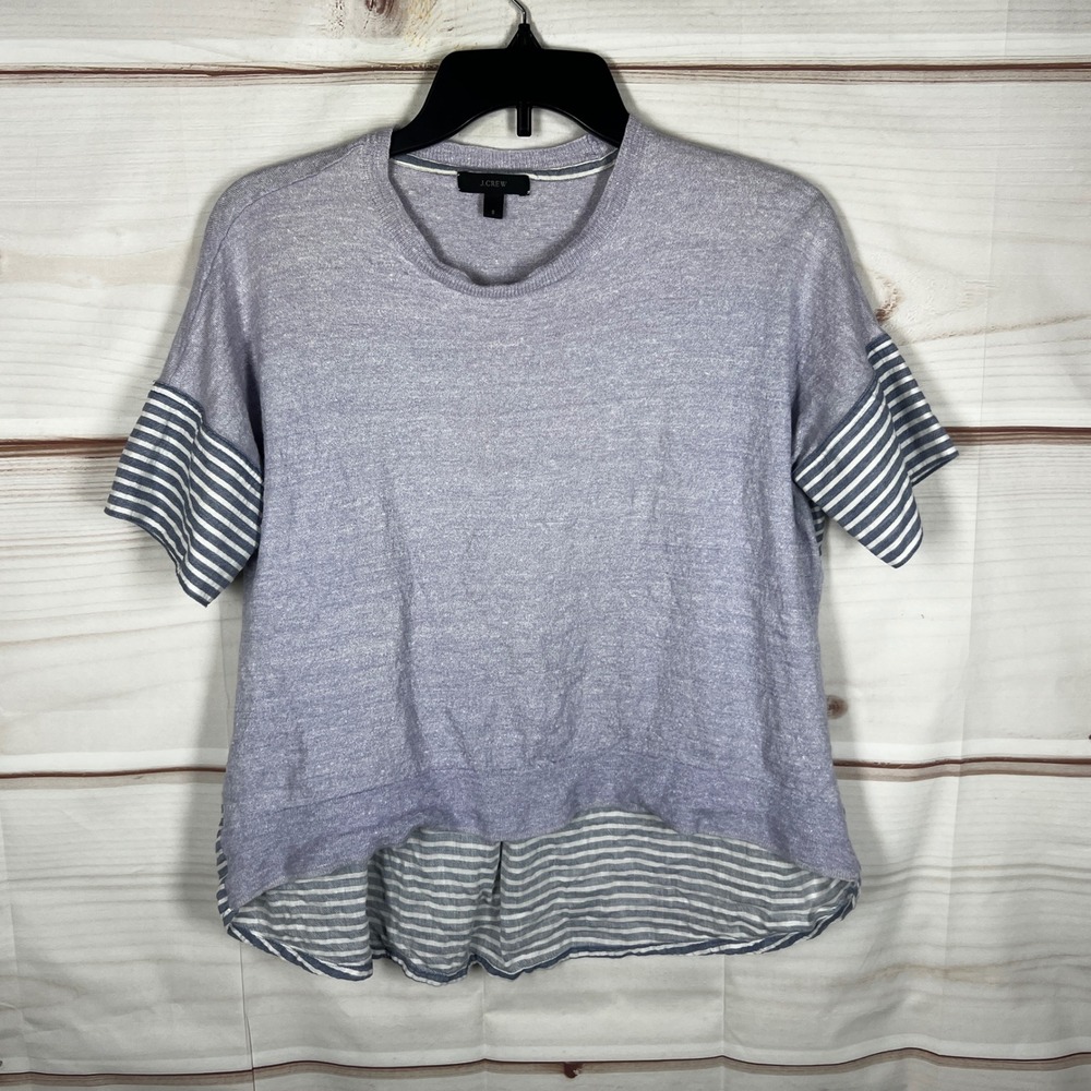 J.Crew Mixed Media Sweater Women Small Purple Striped Wool Linen Short Sleeve